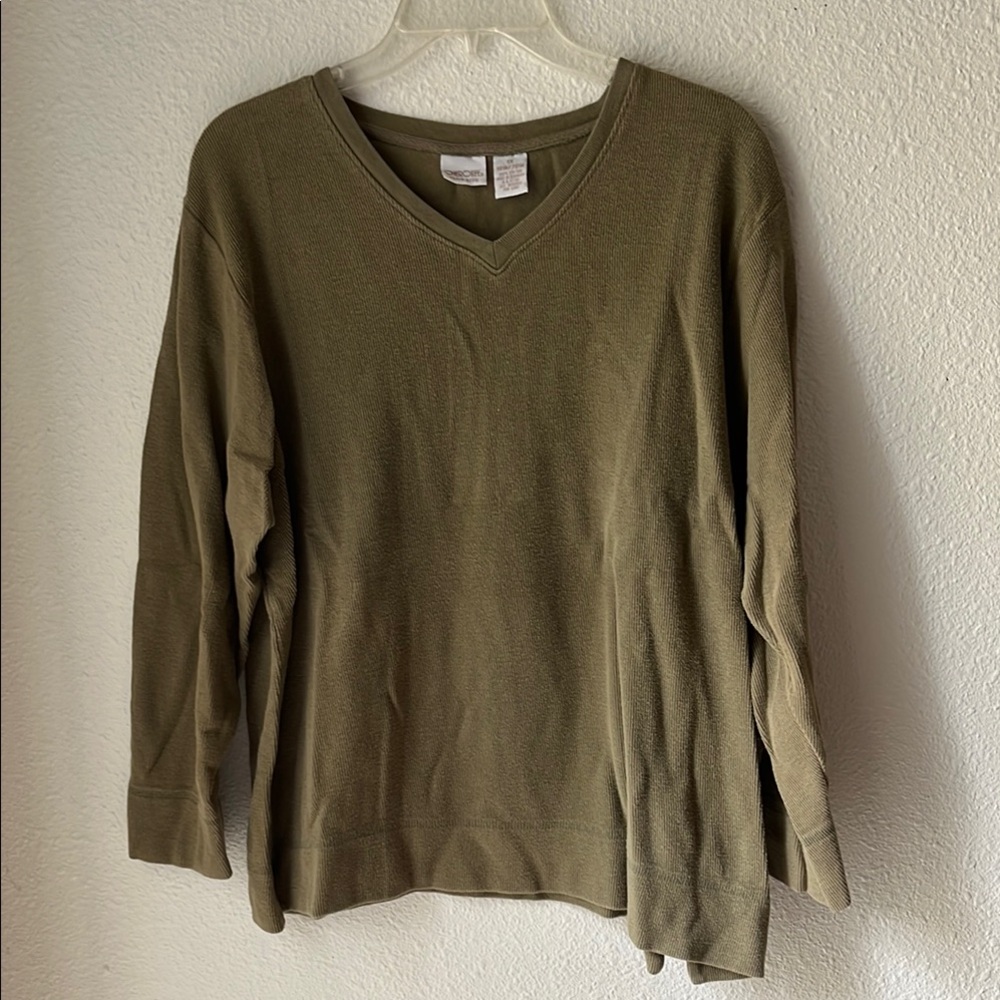 Cherokee Green V-Neck Sweater Soft Knit